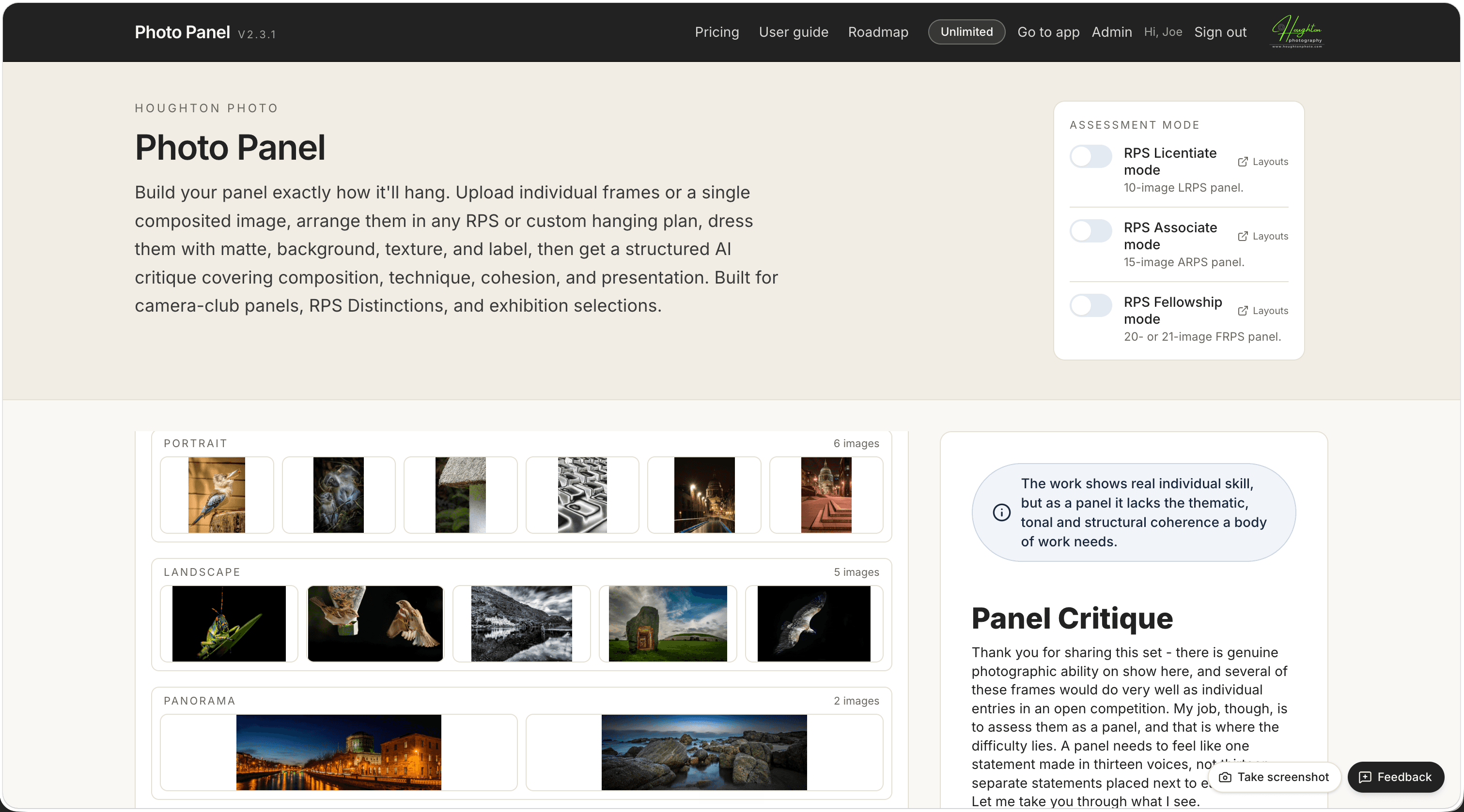 Photo Panel showing an RPS assessment mode panel with the AI critique on the right